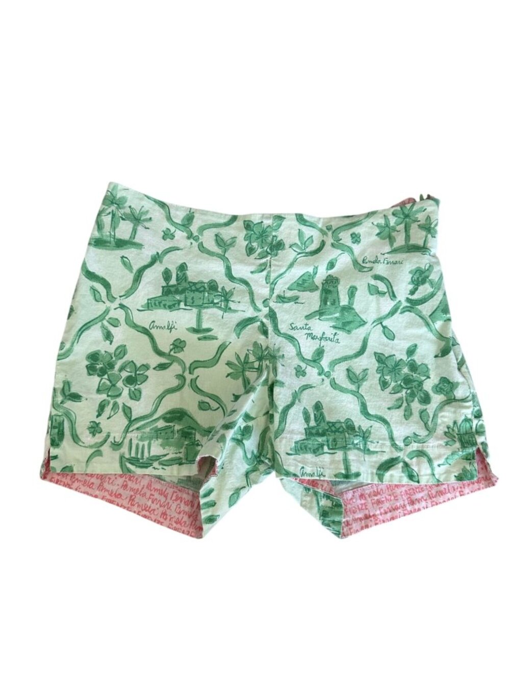 PAMELA FERRARI Green Italian Print Shorts Size Small